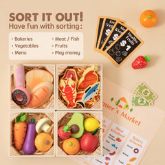 Educational sorting toy set with cards and food-themed items on a beige background