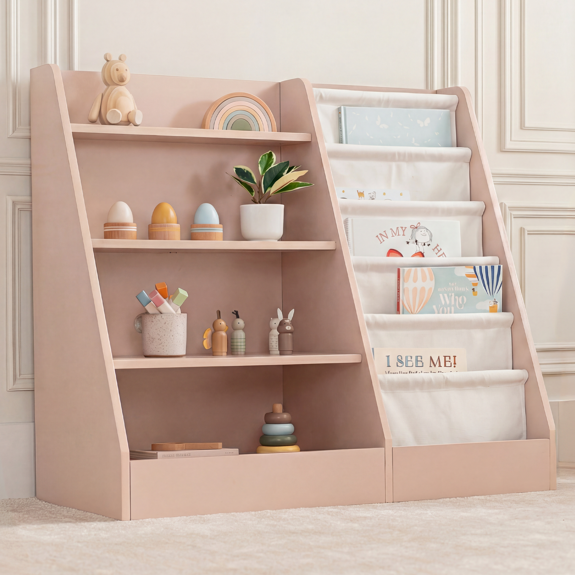 Blush Montessori kids bookshelf with front-facing book display and fabric storage shelves on white background