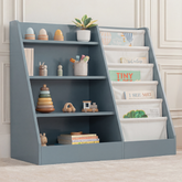 Blue Montessori kids bookshelf with front-facing book display and fabric storage shelves on white background