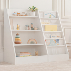 White Montessori kids bookshelf with front-facing book display and fabric storage shelves on white background