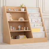 Natural wood Montessori kids bookshelf with front-facing book display and fabric shelves on white background