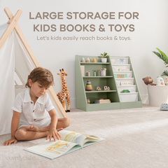 Child accessing books from sage Montessori front-facing bookshelf in a playroom