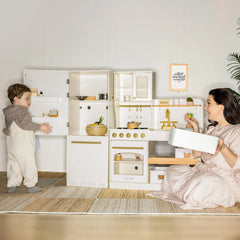 Mom and child playing with wooden kitchen set