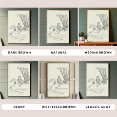 Set of framed illustrations on a wall with color options displayed below.
