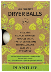 Box of eco-friendly dryer balls with green leaf design and Plantlife branding.