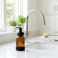 Kitchen sink area with a soap dispenser, faucet, and window with plants.