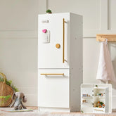 Lifestyle image of white wooden play fridge