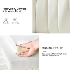 Text and images highlighting high-quality comfort fabric and high-density foam in a product description.
