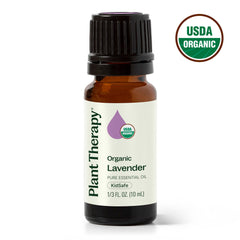 Bottle of Plant Therapy Organic Lavender essential oil with USDA Organic label on a white background