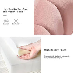 Text and close-up images of high-quality comfortable velvet fabric and high-density foam seat cushion.