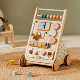 Front view of wooden activity walker