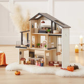 Tiny Land Sweetwood Edge wooden dollhouse with multi-level rooms and modern design on white background