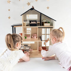 Close-up of Sweetwood Edge dollhouse top floor rooms with miniature furniture accessories