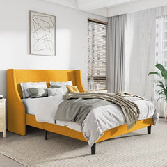 Yellow bed in a modern bedroom with white walls and large windows.