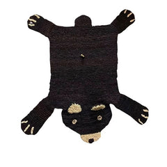 Organic wool brown bear nursery rug on white background showing hand-knit texture and design
