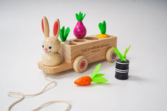 Wooden toy with rabbit figure and colorful vegetables on a white background