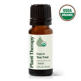 Bottle of Plant Therapy Organic Tea Tree essential oil with USDA Organic label on a white background