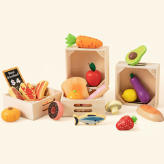 Set of colorful wooden toy fruits, vegetables, and seafood on a white background