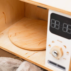Digital clock with wooden design on a wooden shelf