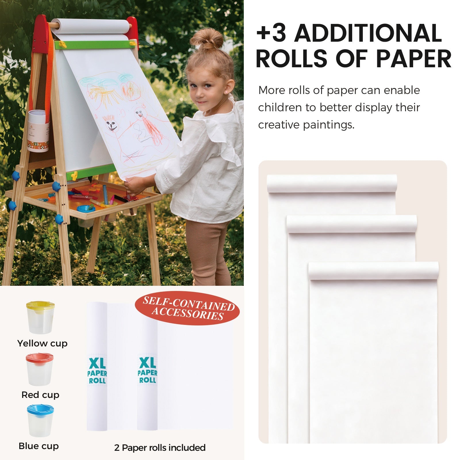 Three 75-foot paper rolls included with Tiny Land 3-in-1 art easel and paper roll bundle