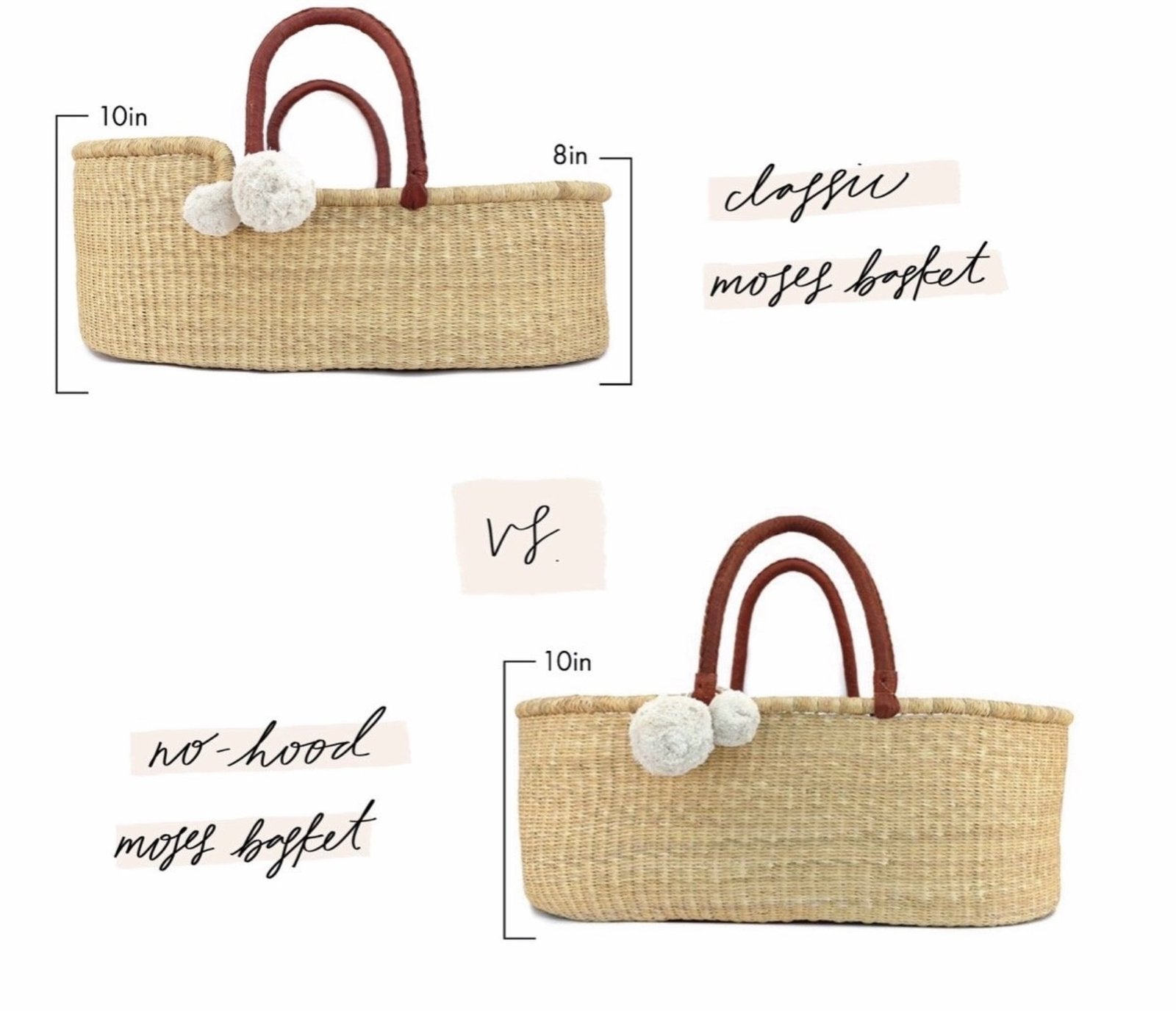 Two woven baby baskets with pom-pom handles, labeled 'Loffic Moses basket' and 'no hood Moses basket', on a white background.
