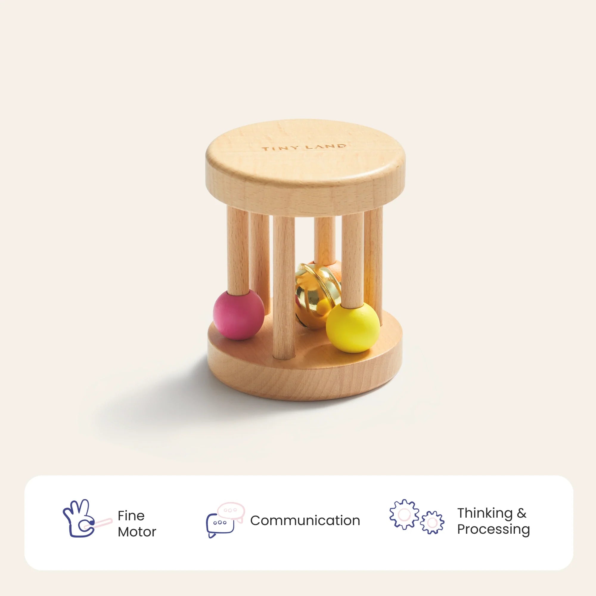 Wooden rattle toy on plain background