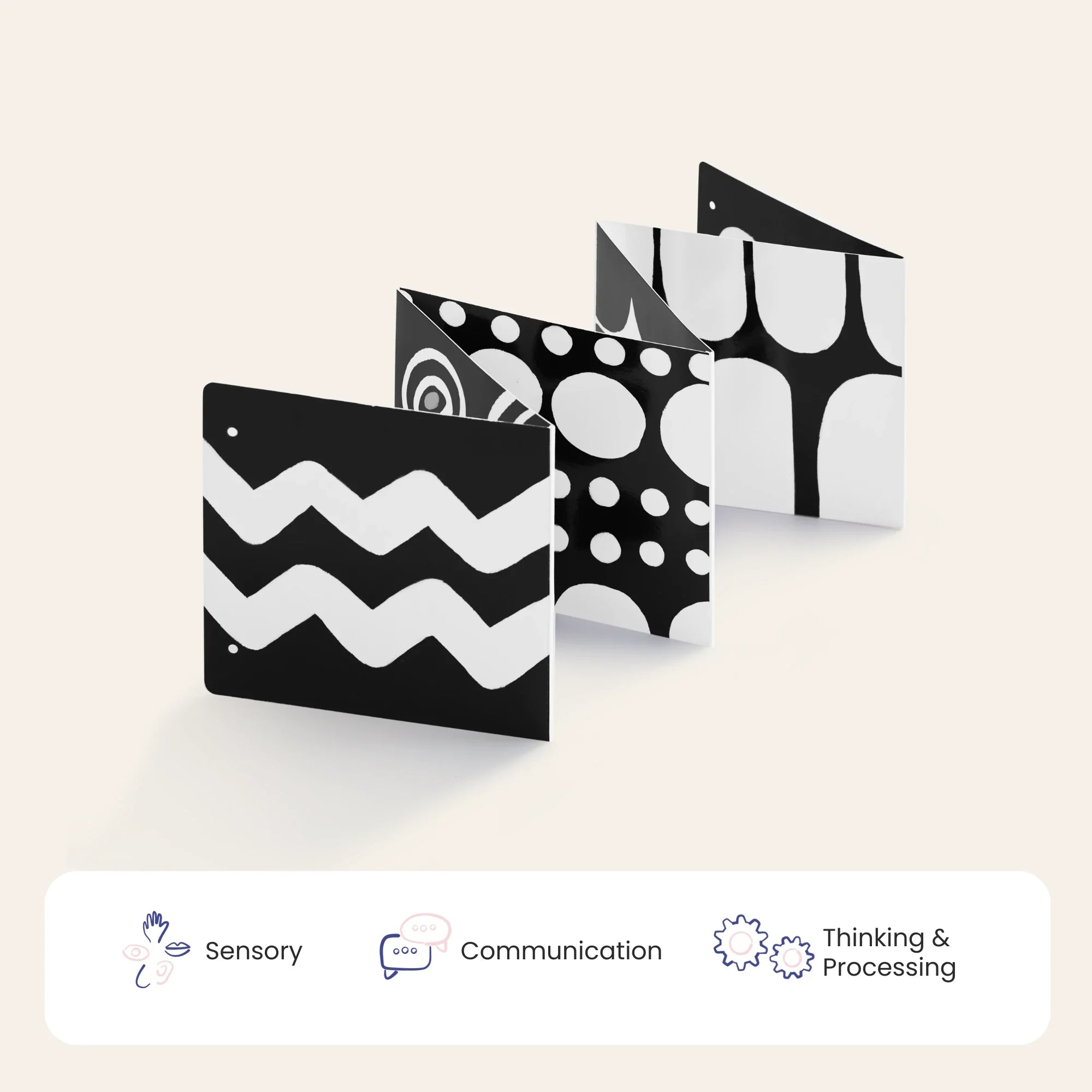 Black and white graphic cards on plain background
