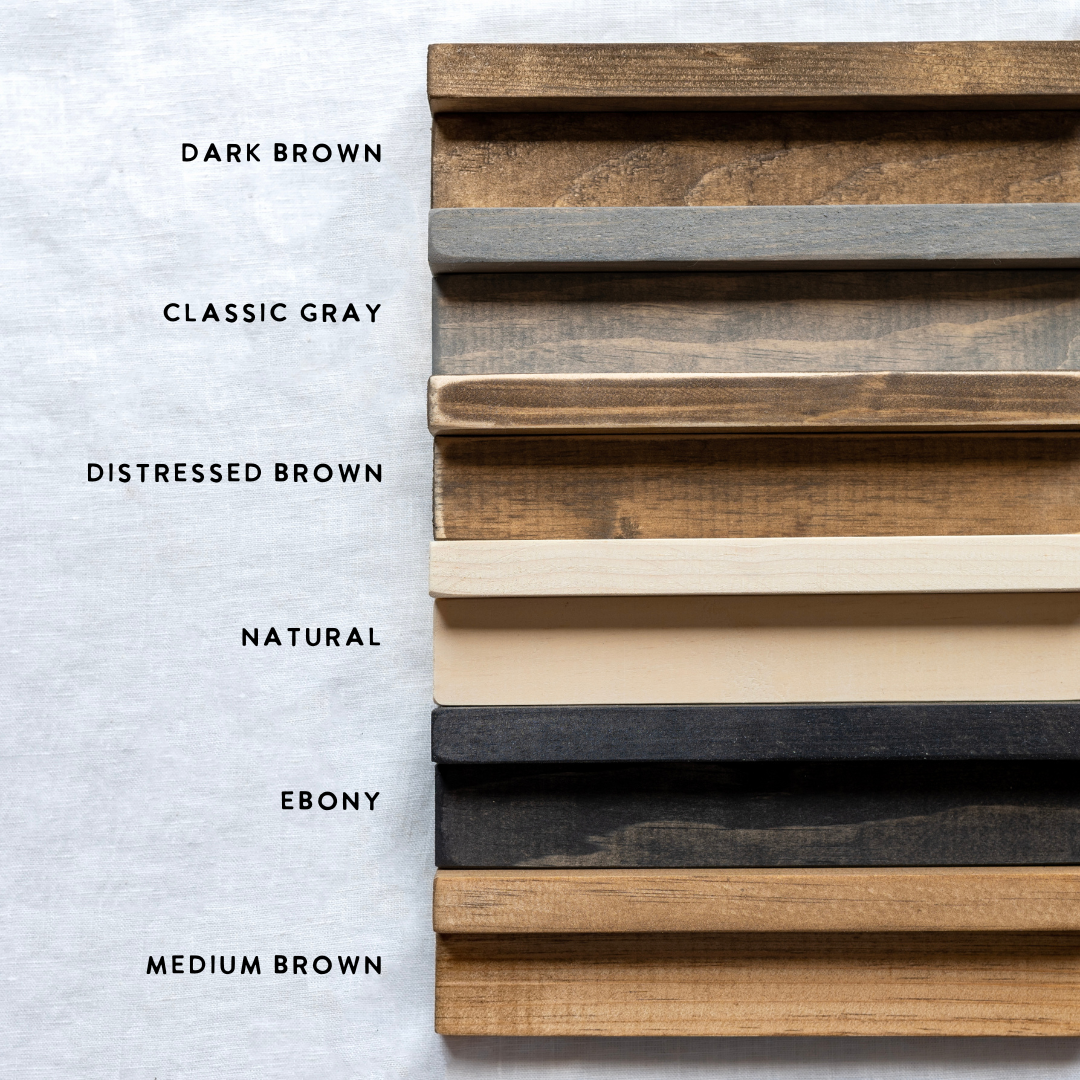 Wooden sample swatches with labeled colors on a white background