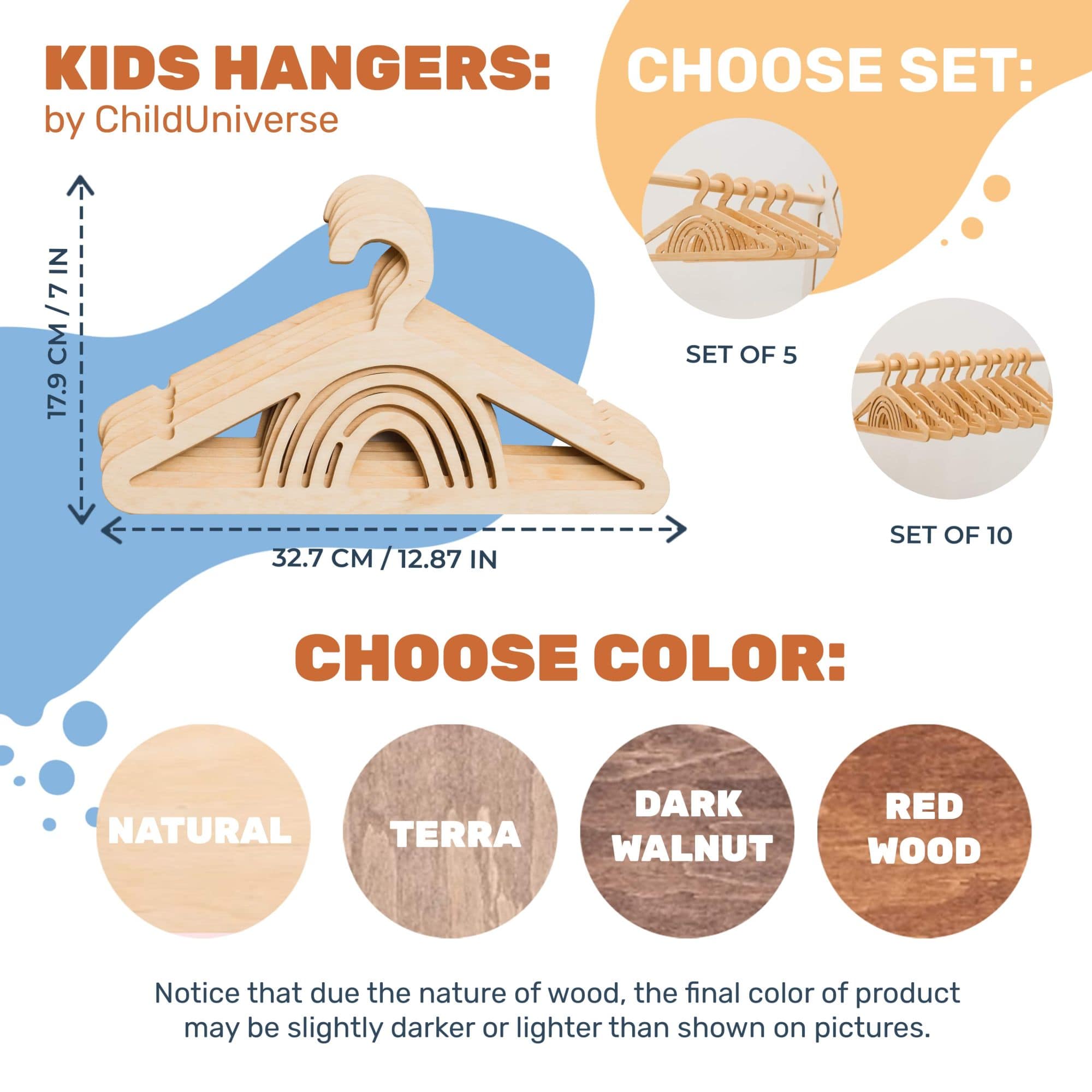 Product display of wooden hangers with color options and set sizes.