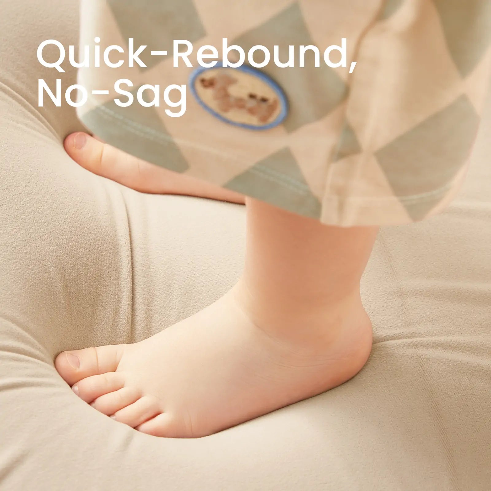 Baby's foot with text 'Quick-Rebound, No-Sag' on a soft beige background