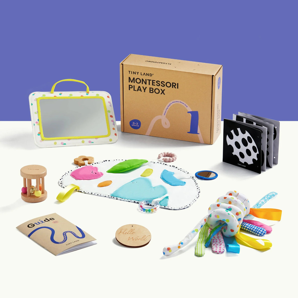 Complete Montessori sensory set for newborns laid out showing all five pieces on white background