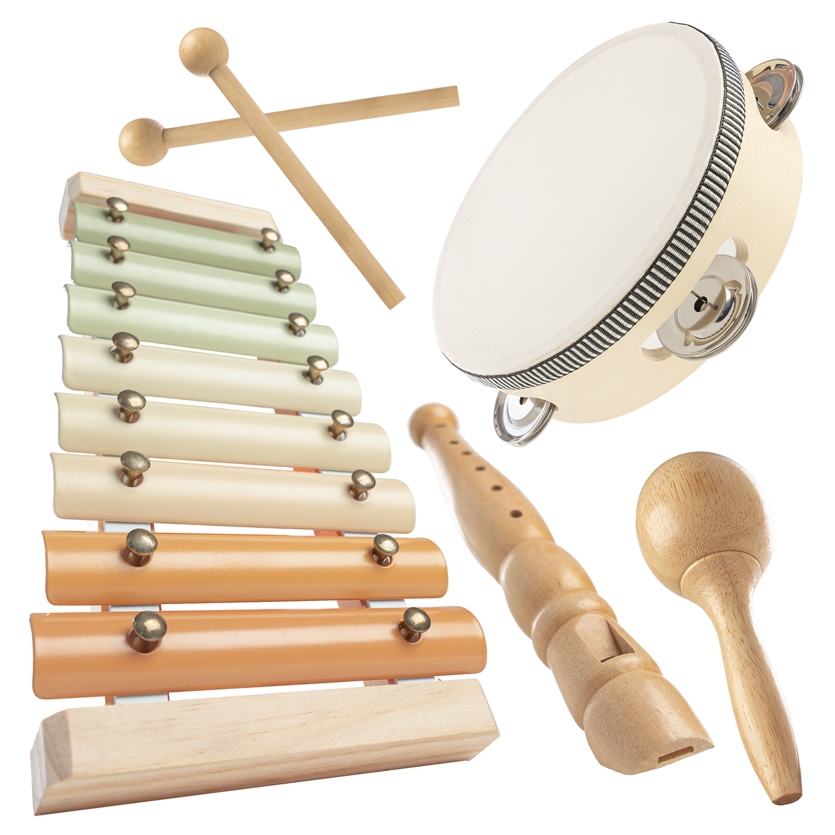 Set of wooden musical instruments including xylophone, tambourine, and maracas on a white background