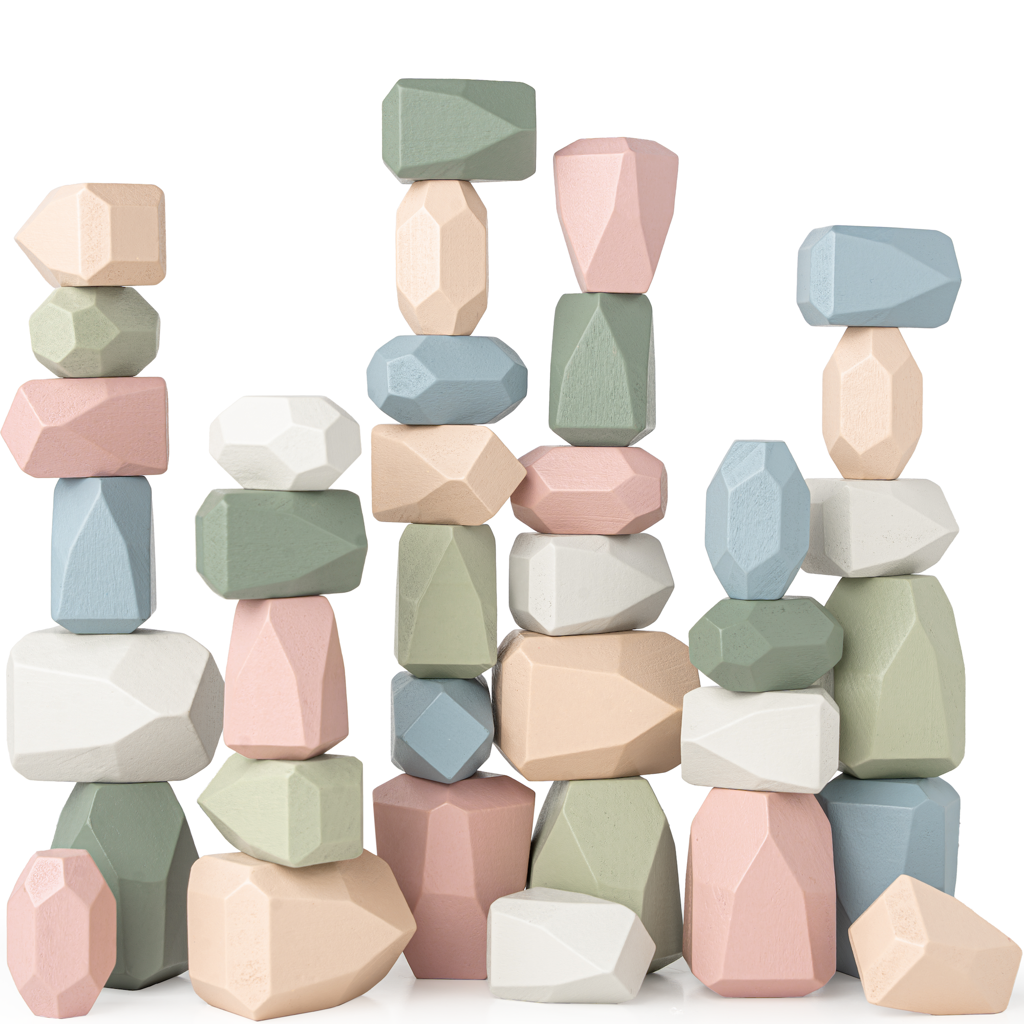 Pastel-colored geometric stone blocks stacked on a white background