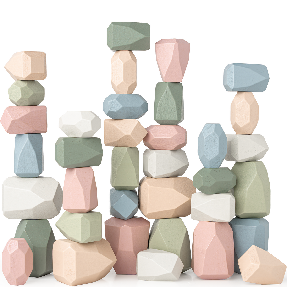 Pastel-colored geometric stone blocks stacked on a white background