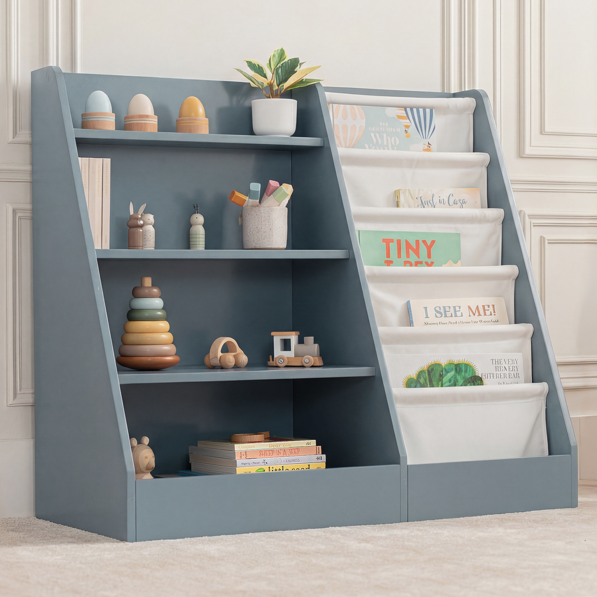 Blue Montessori kids bookshelf with front-facing book display and fabric storage shelves on white background