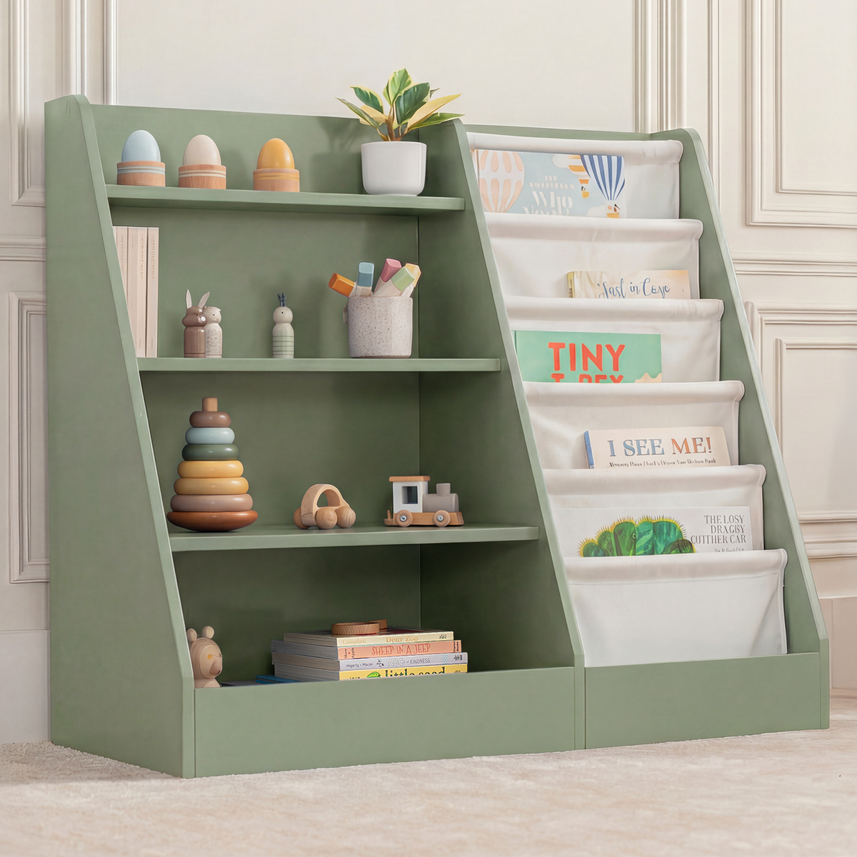 Sage Montessori kids bookshelf with front-facing book display and fabric storage shelves on white background