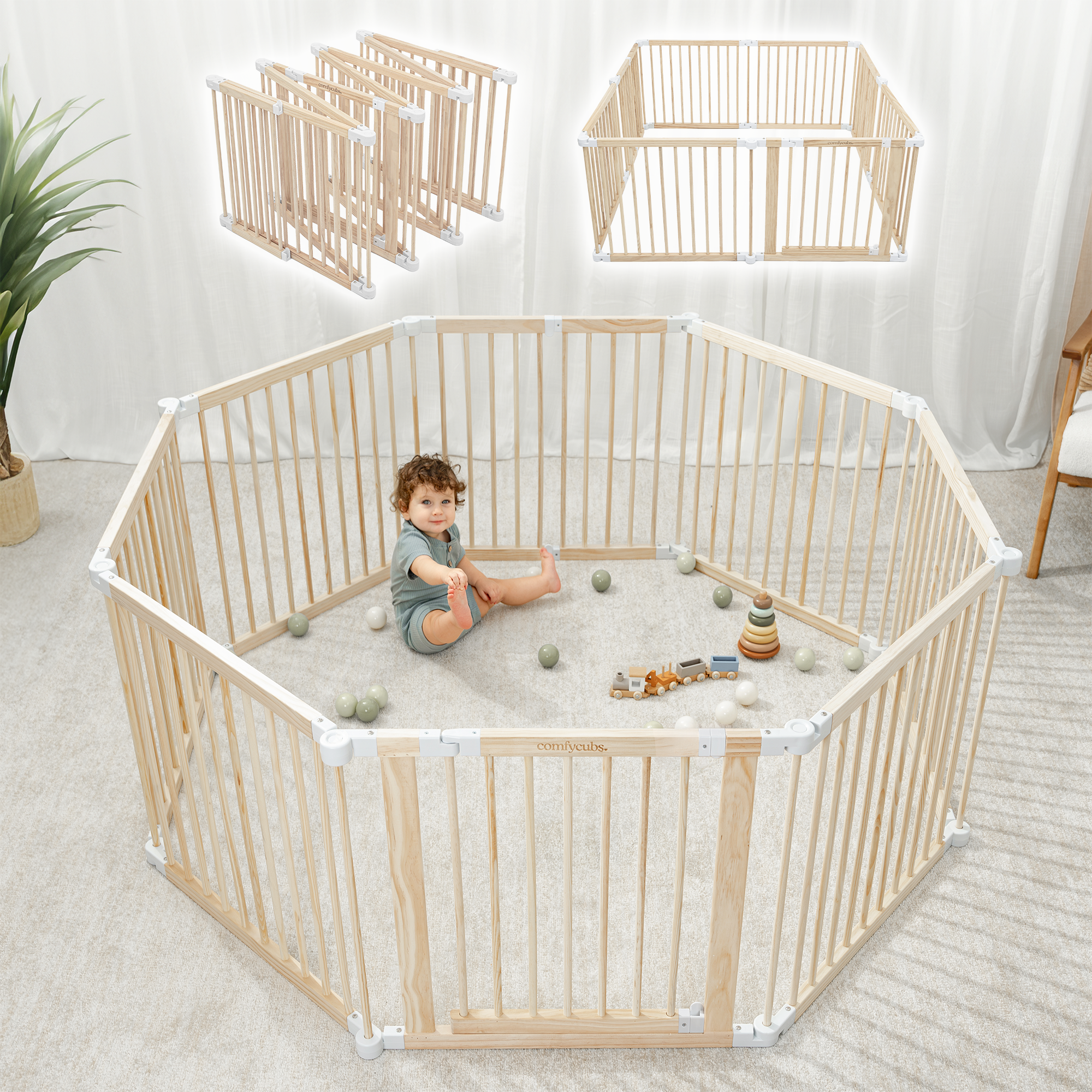 Natural pine wood foldable baby playpen with child-safe latch door on white background