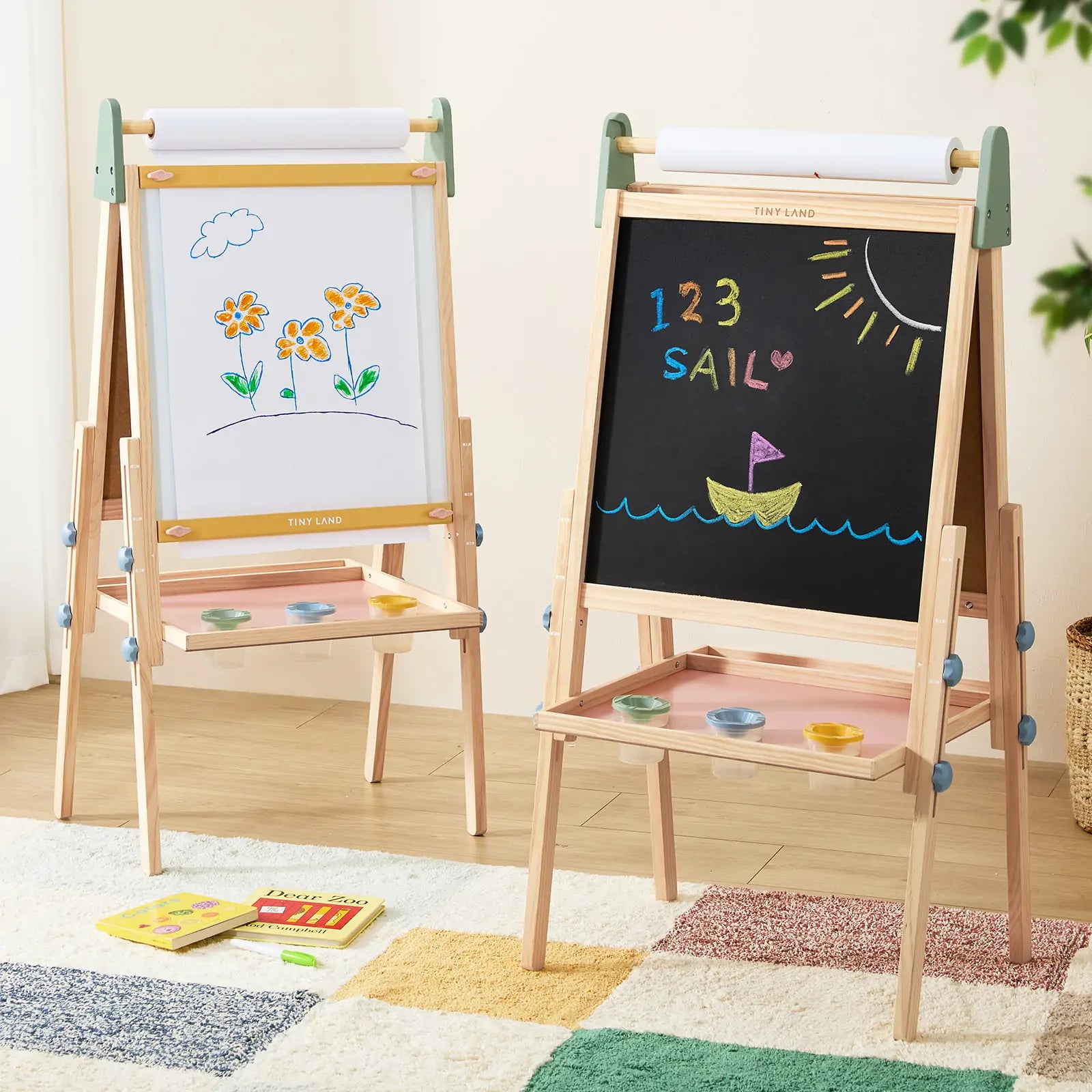 Tiny Land 3-in-1 wooden kids art easel with chalkboard and whiteboard sides