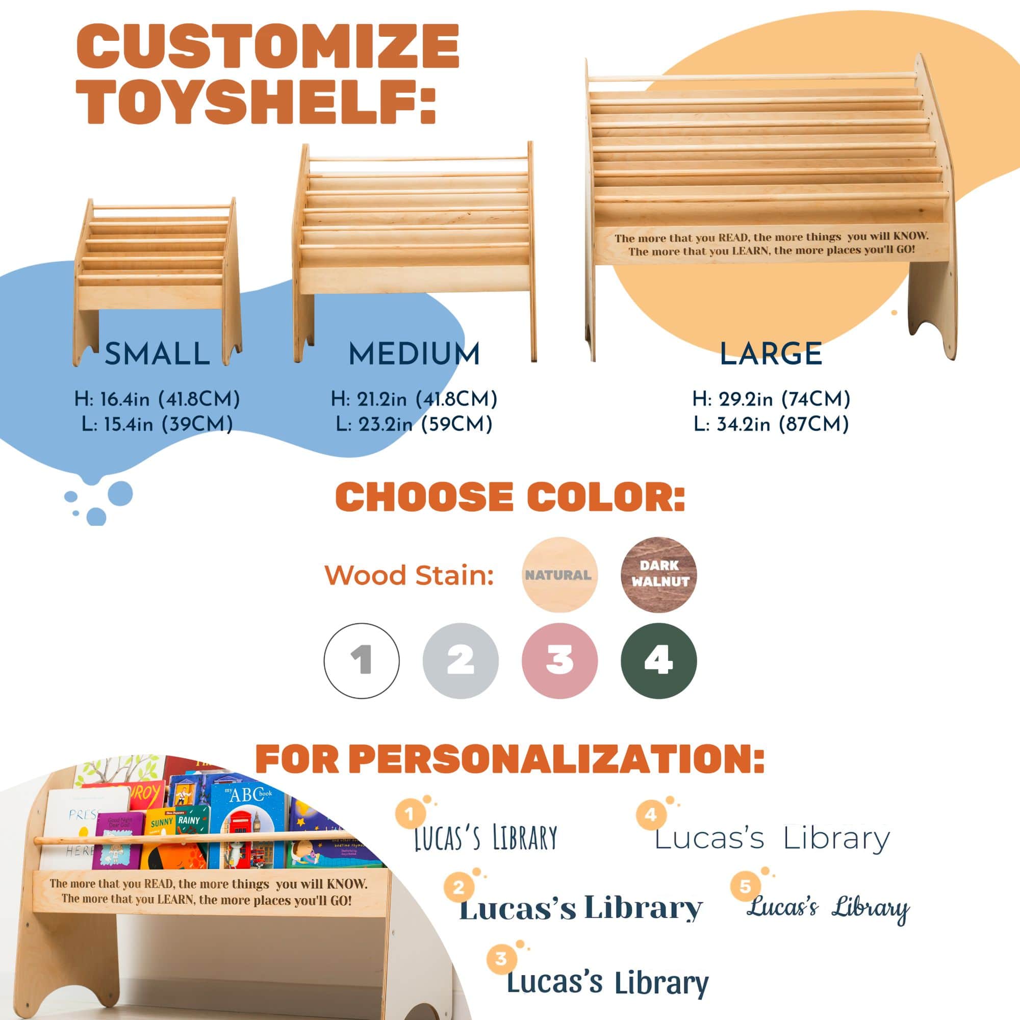 Customizable toyshelf with color options and personalization choices on a white background