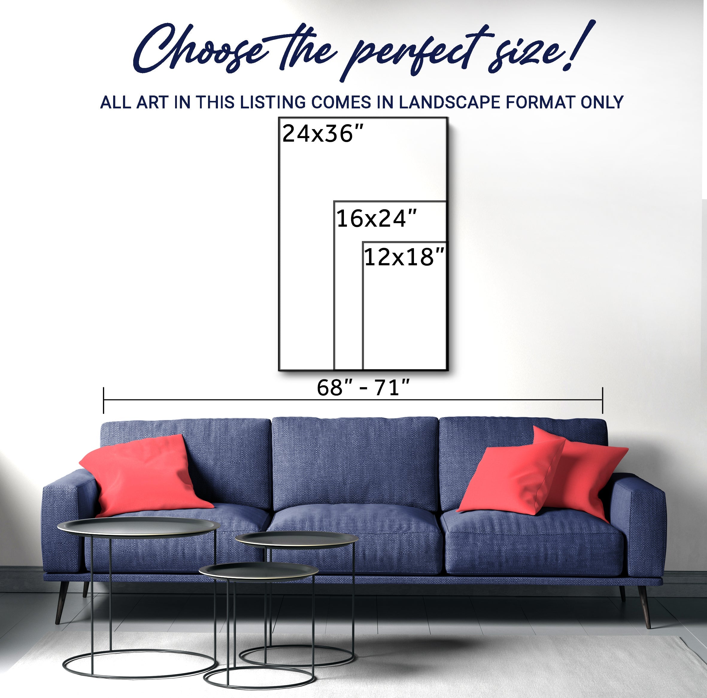 Sofa with red pillows and a wall art measurement guide in a room setting.