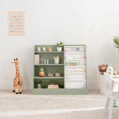 Sage kids bookshelf with open shelving and fabric compartments for books and toys in a playroom