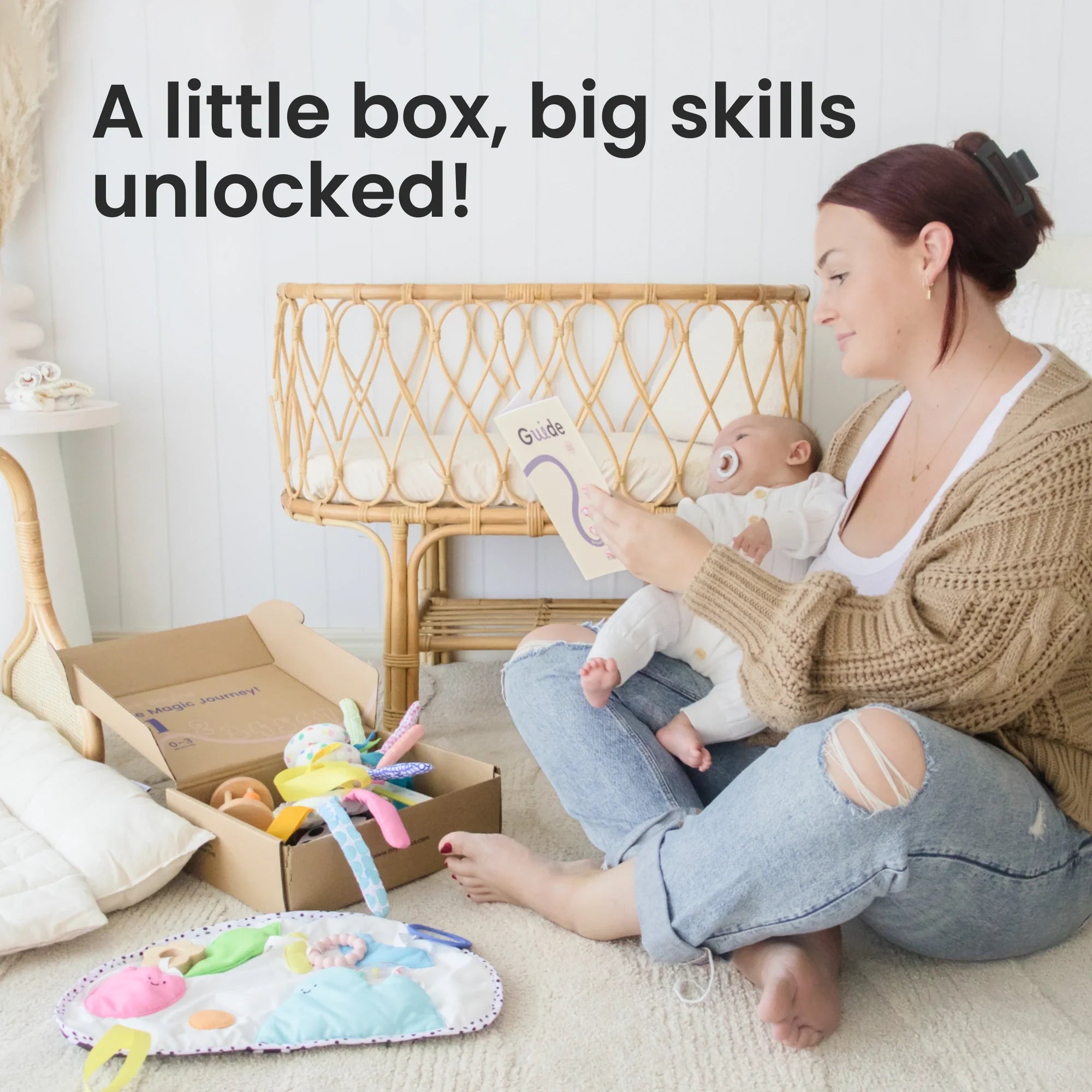 Montessori newborn sensory set with contrast cards, rattle, mirror, and activity mat displayed together