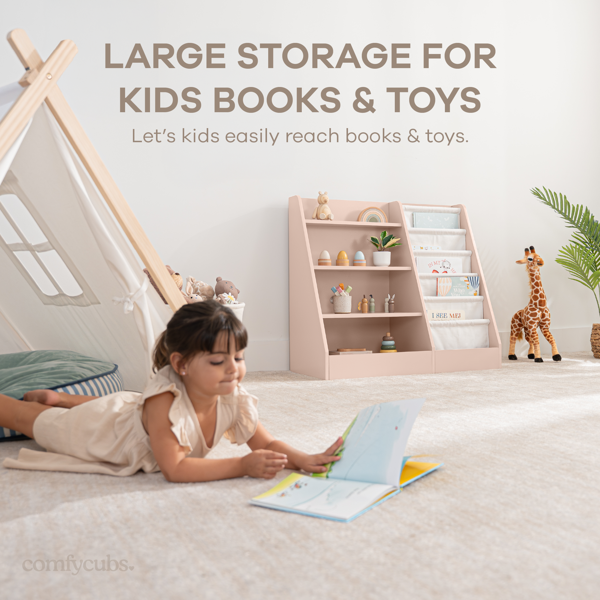 Child accessing books from blush Montessori front-facing bookshelf in a nursery