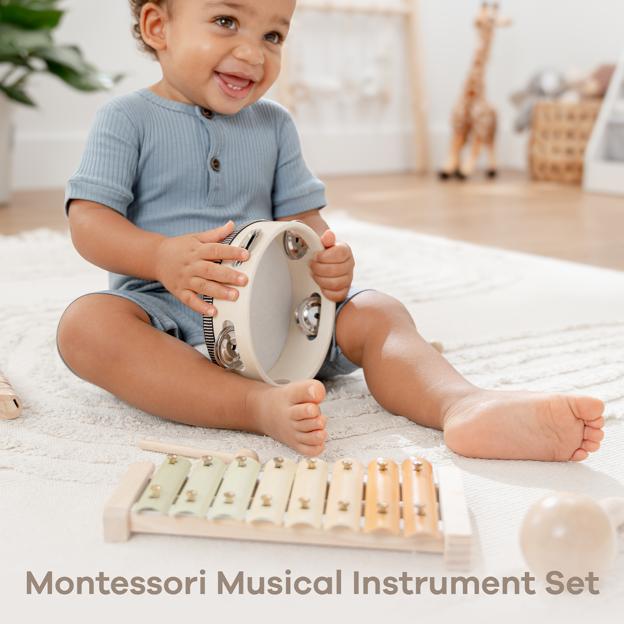 Child playing with a Montessori musical instrument set on a carpeted floor.