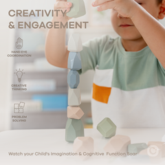 Child playing with geometric wooden blocks, emphasizing creativity and engagement.