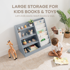 Child accessing books from blue Montessori front-facing bookshelf in a bedroom