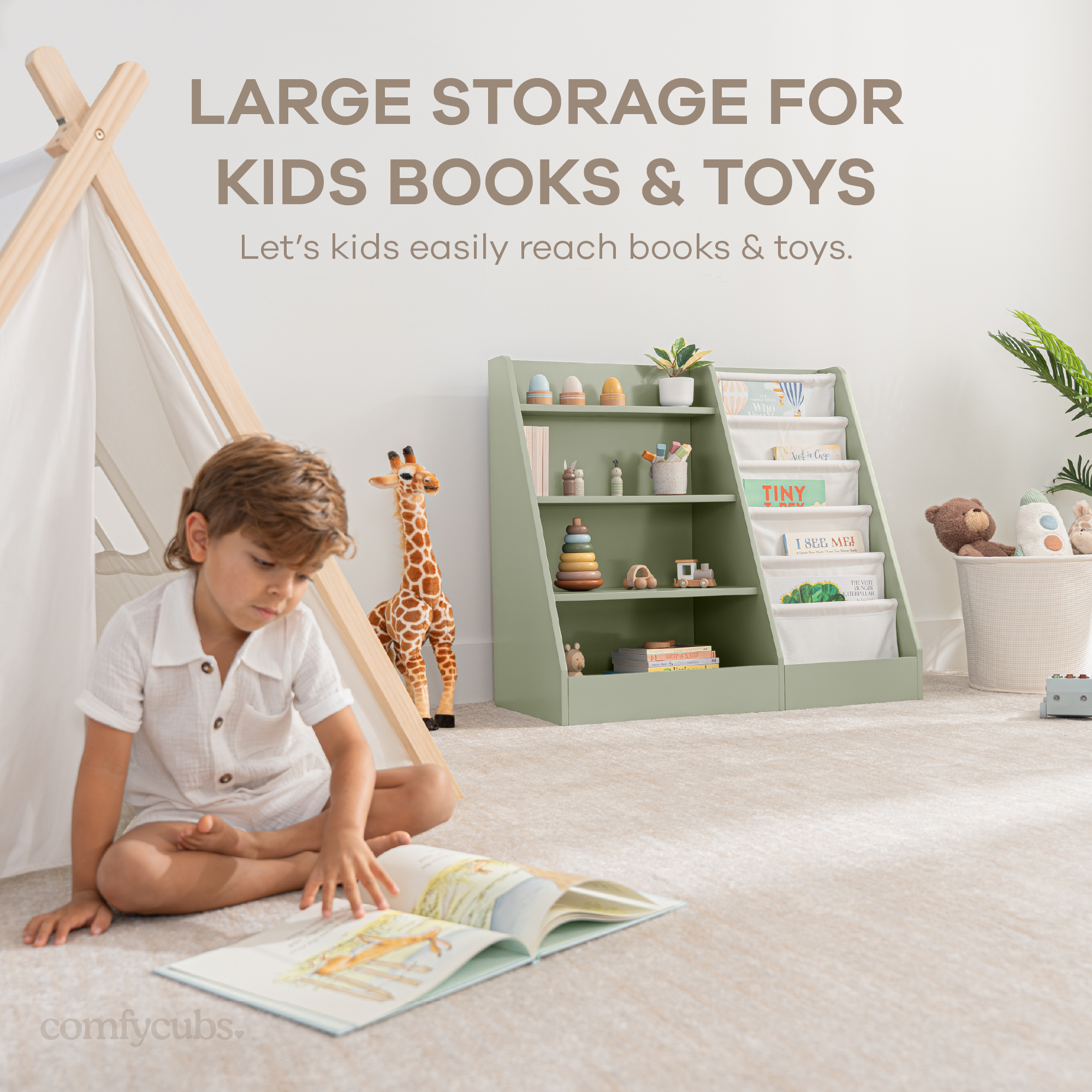 Child accessing books from sage Montessori front-facing bookshelf in a playroom