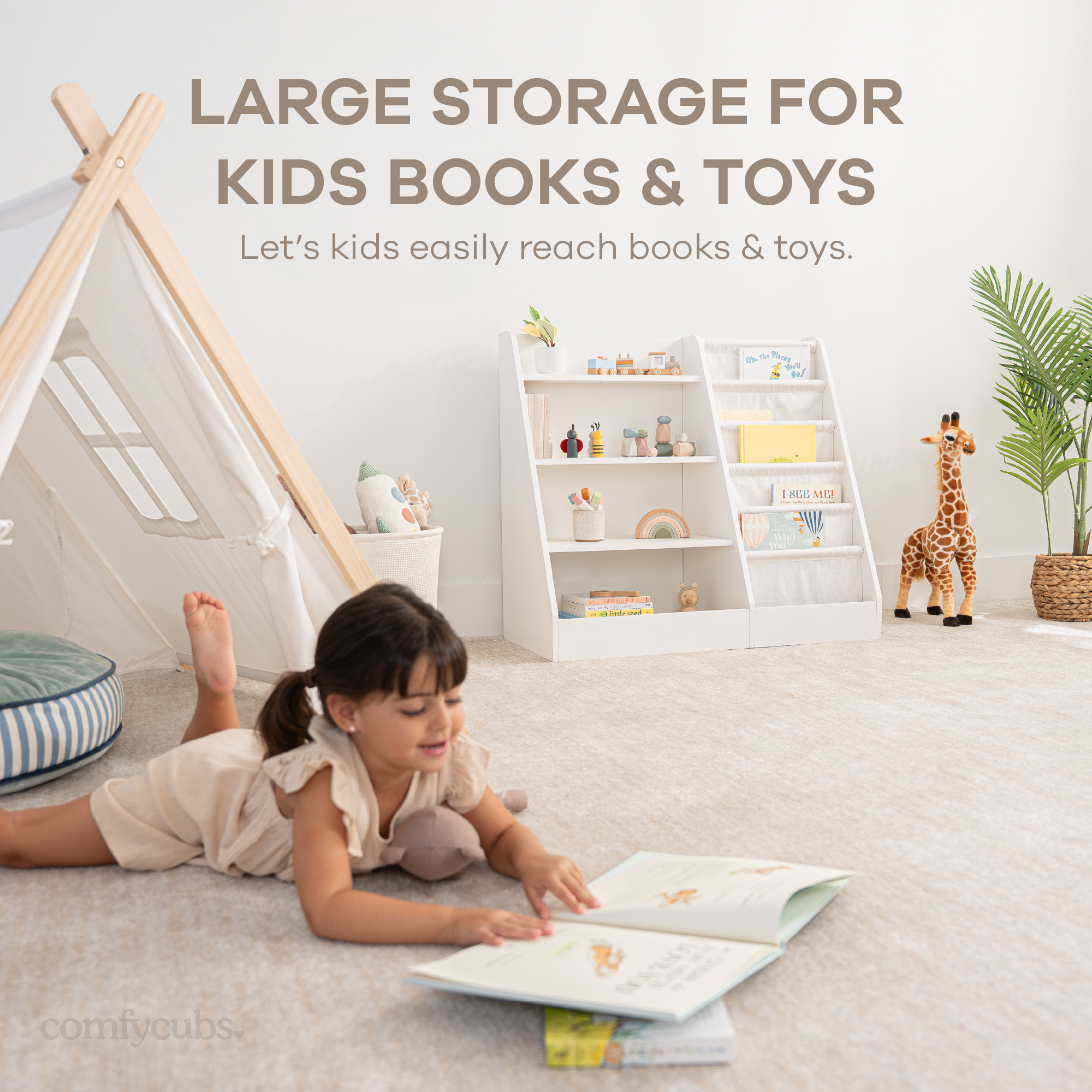 Child accessing books independently from white Montessori front-facing bookshelf in a nursery