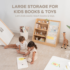 Child accessing books from natural wood Montessori front-facing bookshelf in a playroom