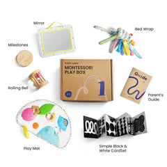 Montessori newborn sensory set with contrast cards, rattle, mirror, and activity mat displayed together